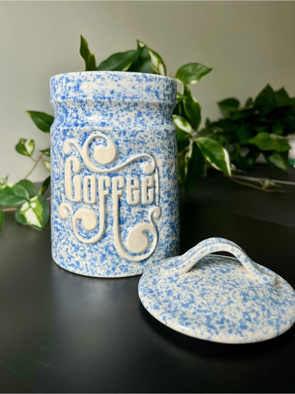 Vintage Treasure Craft USA Blue Spongeware Coffee Canister Ceramic Jar Farmhouse